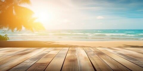 Poster - Summer landscape background with palm tree and sea.Colorful summer template. Concept of recreation. Generative AI