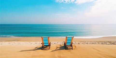 Canvas Print - Summer landscape sea shore with colored chairs for relaxing, sun loungers.Colorful summer template. Concept of recreation. Generative AI