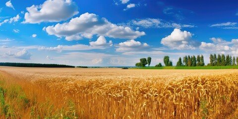 Wall Mural - A summer landscape with a blue sky with white clouds and a golden field with wheat.Colorful summer template. Concept of recreation. Generative AI