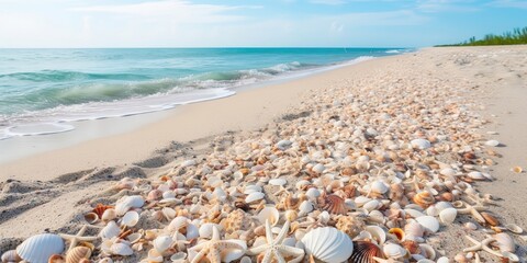 Sticker - A fantastic picture of a sandy beach with various seashells.Colorful summer template. Concept of recreation. Generative AI