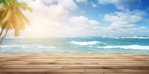 Poster - Summer landscape background with palm tree and sea.Colorful summer template. Concept of recreation. Generative AI