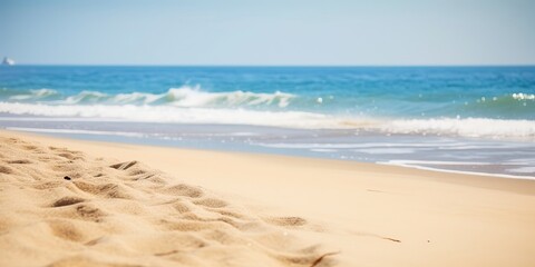Poster - Summer landscape of a sunny day on the beach with waves from the sea.Colorful summer template. Concept of recreation. Generative AI