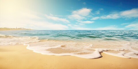 Poster - Summer landscape of a sunny day on the beach with waves from the sea.Colorful summer template. Concept of recreation. Generative AI
