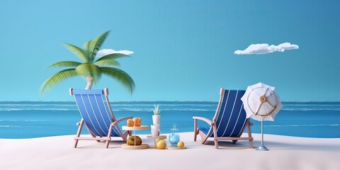 Sticker - Summer landscape of the seashore with colored lounge chairs, sun loungers with umbrellas from the sun.Colorful summer template. Concept of recreation. Generative AI