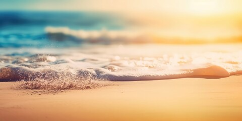 Poster - Summer landscape of a sunny day on the beach with waves from the sea.Colorful summer template. Concept of recreation. Generative AI