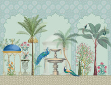 Decorative Moroccan Pattern With Palm Tree, Plant, Bird, Peacock Illustration For Wallpaper. Chinoiseries Design