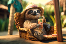 A Relaxed Sloth Wearing A Beach Hat And Sunglasses, Lounging In A Beach Chair With A Fruity Drink In Paw And A Serene Expression
