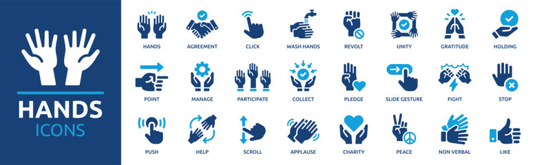 hands icon set. containing gesture, click, slide, push, agreement, participate, applause, like, hold