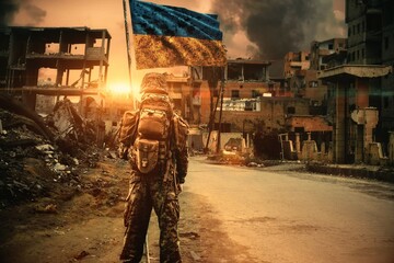 Wall Mural - A Ukrainian soldier stands with a Ukrainian flag in his hand and looks at the ruined city	
