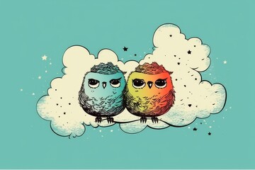 Sticker - two owls perched on a fluffy white cloud in a blue sky. Generative AI