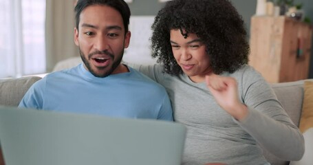 Poster - Happy and excited couple with a laptop on a video call while sitting on a sofa in the living room. Cheerful, positive and young people having online conversation with computer while relaxing at home.