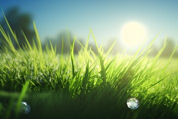 Poster - Spring green grass under the rays of the sun.The beauty of nature. Generative AI