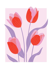 Wall Mural - Spring abstract tulip flower background vector. Contemporary art design with floral, leaves, plant in hand drawn style. Botanical illustrated perfect for wall art, poster, wallpaper, cover, banner.