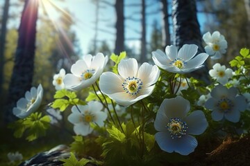 Canvas Print - Forest spring white flowers.The beauty of nature. Generative AI