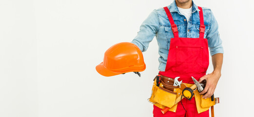 Young construction workers with hard hats on a white background