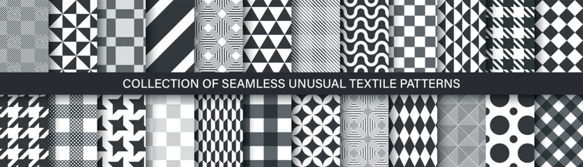 Collection of vector black and white seamless patterns. Simple geometric textures - repeatable textile backgrounds. Monochrome unusual design, trendy fabric prints