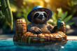 A relaxed sloth wearing a summer hat and sunglasses, lounging in a pool floatie with a cocktail in paw and a content expression