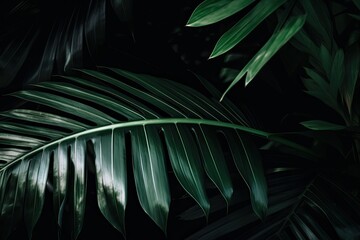 Wall Mural - a close up of a green leaf with a background of palm trees. Layout, nighttime nature idea, tropical leaf. Generative AI