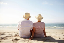 Altes Paar Sitzt Am Strand Und Schaut Aufs Meer - Generative AI