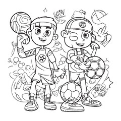 Poster - Sport,Black and white coloring pages for kids, simple lines, cartoon style, happy, cute, funny, many things in the world.