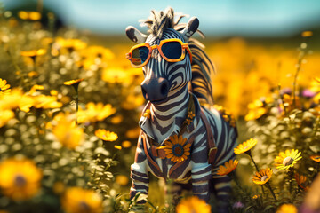 Wall Mural - A cheerful zebra wearing a flowery summer dress and sunglasses, standing in a field of daisies and striking a pose for the camera