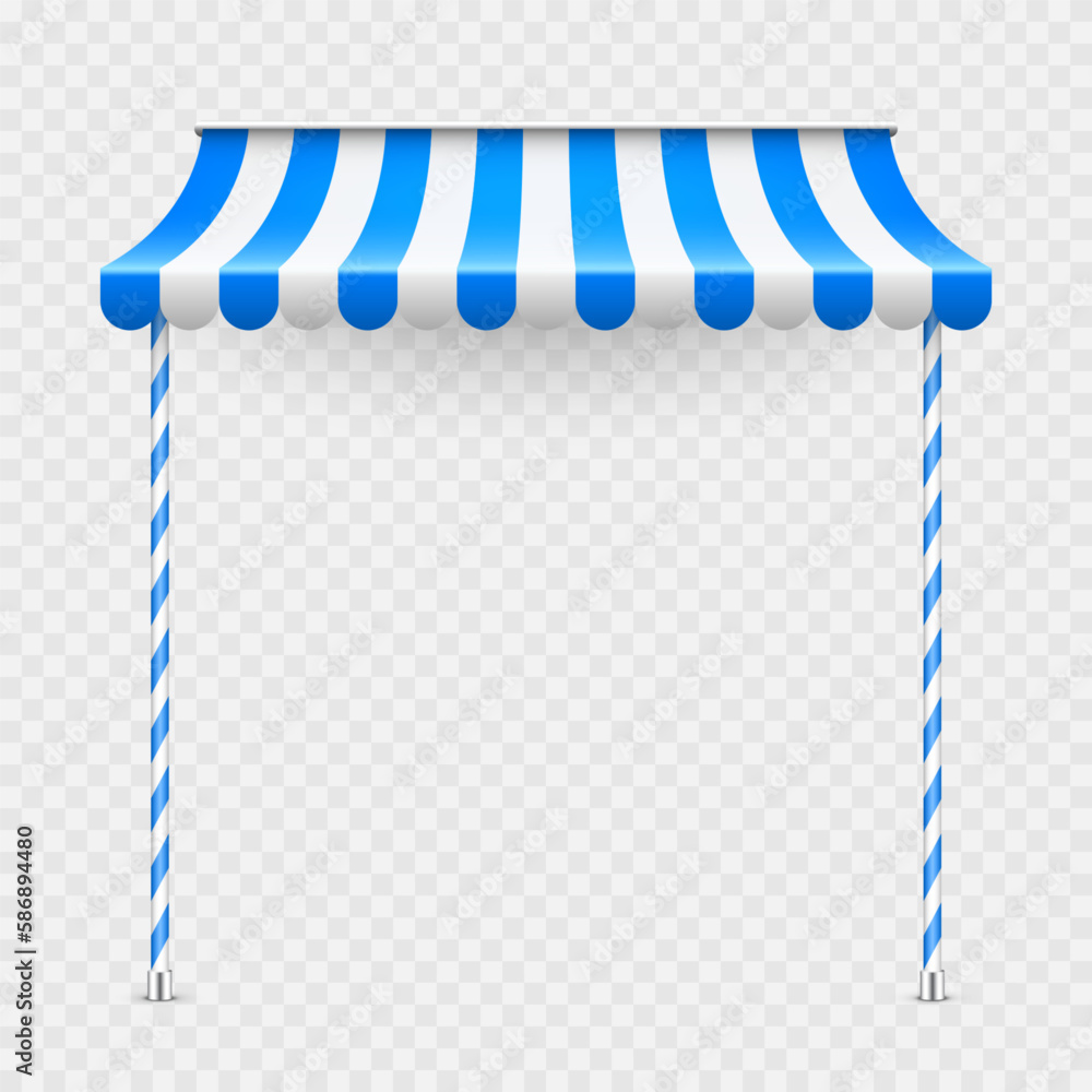 Blue shop sunshade with stand holders. Realistic striped cafe awning ...