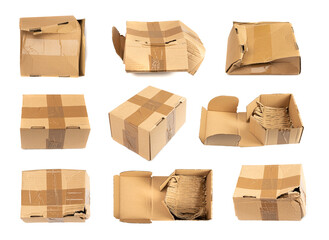 Damaged Box Isolated, Craft Paper Delivery Package, Broken Carton Packaging, Crumpled Cardboard Box