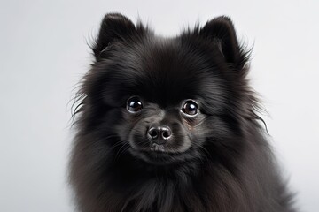 Poster - White backdrop with a cute black puppy with fluffy hair in the foreground. Generative AI