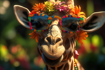 A happy-go-lucky giraffe wearing a flowery lei and sunglasses, standing tall and munching on a leafy branch with a big smile