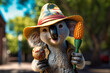 A silly-looking koala wearing a sun hat and sunglasses, holding an ice cream cone with both paws and sticking out its tongue in delight