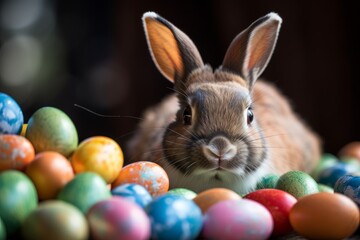 Happy Easter Bunny with many colorful easter eggs. Generative AI Technology