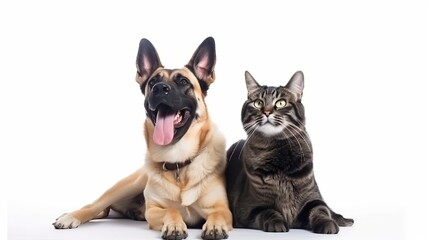 Wall Mural - Cute happy cat and dog smiling on white background