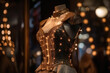 An innovative and elegant dress in a steampunk look on a Mannequin with soft bokeh lights created with generative AI technology.