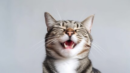 Wall Mural - Portrait of Cute smiling cat with closed eyes on white background