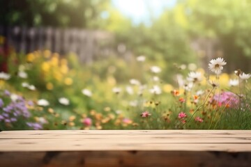 Wall Mural - abstract flower garden background with bokeh. empty wooden table top for products with blank copy sp