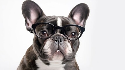 Wall Mural - Portrait of Cute happy French Bulldog dog with glasses is smiling, on white background