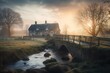 © MD Media - Fantasy House, building sitting in the morning mist by a river and old stone built bridge