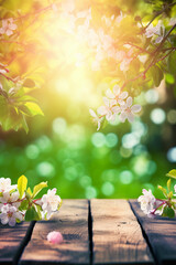 Spring background with wooden table. Natural template for product display with cherry blossoms bokeh and sunlight. generative ai. Empty wooden table in spring blooming cherry orchard during sunny day