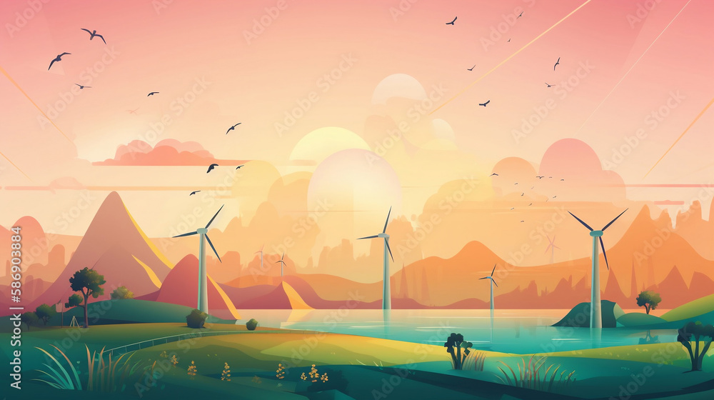 Green energy. World. REnewable energy background with green energy as wind turbines and solar panels. Generative AI.