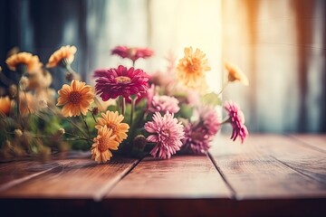 Sticker - colorful bouquet of flowers sitting on a wooden table. Generative AI