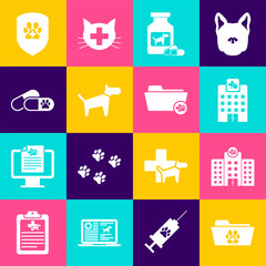 Poster - Set Medical veterinary record folder, Veterinary medicine hospital, , Dog bottle and pills, and icon. Vector