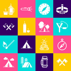 Wall Mural - Set Crossed wooden axe, Compass, Slingshot, Thermos container, and Tourist tent with flag icon. Vector