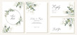 Set of rustic wedding invitations, rsvp and thank you cards with watercolor green leaves. Vector