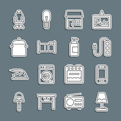 Wall Mural - Set line Table lamp, Mobile phone, Electric extension, House, Bed, Cooking pot, Office chair and Antibacterial soap icon. Vector