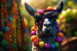 A silly-looking llama wearing a colorful bowtie and sunglasses, chewing on a big bunch of grapes while striking a pose for the camera