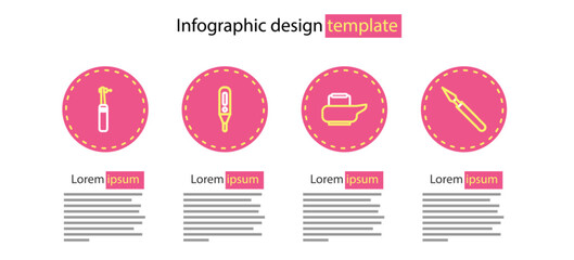 Poster - Set line Bedpan, Medical surgery scalpel, digital thermometer and Tooth drill icon. Vector