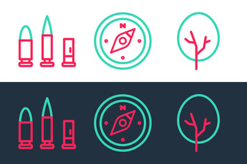 Poster - Set line Tree, Bullet and cartridge and Compass icon. Vector