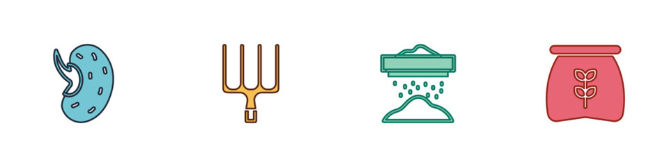 Sticker - Set Seed, Garden pitchfork, Sifting flour and Bag of icon. Vector