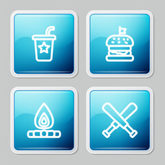 Sticker - Set line Paper glass with straw, Burger, Campfire and Crossed baseball bat icon. Vector