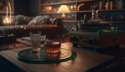 a record player is standing on the table with a record on it. next to me is my whiskey glass, with i